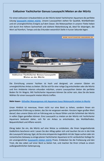 Yachtcharter für Exklusiven Urlaub Luxusyacht Mieten an der Müritz | PDF