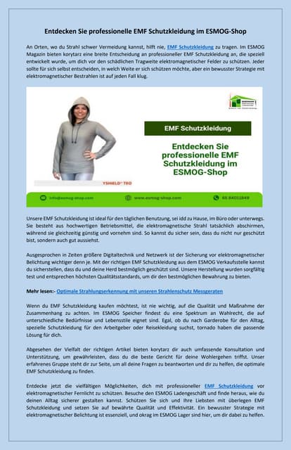 Hochwertige EMF Schutzkleidung jetzt im ESMOG-Shop entdecken | PDF