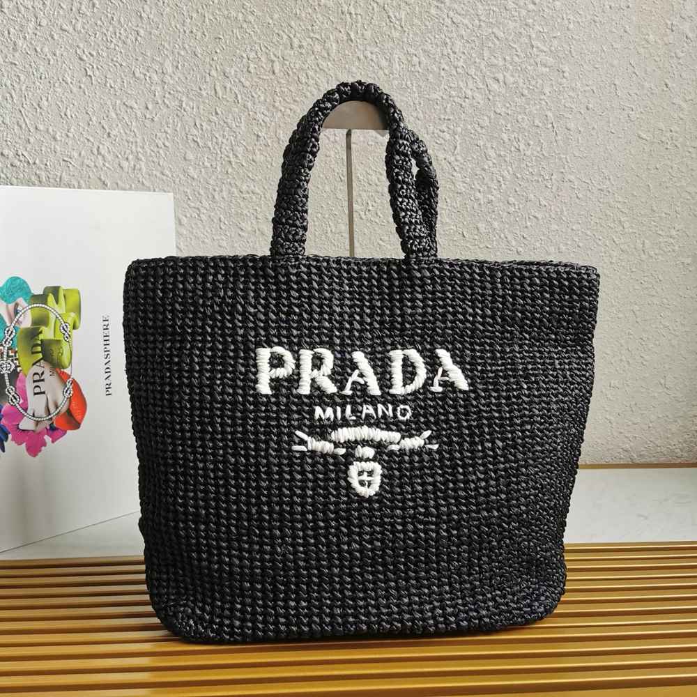 Prada Large Crochet Tote Bag in Black Raffia-effect Yarn IAMBS242281 Outlet Sales